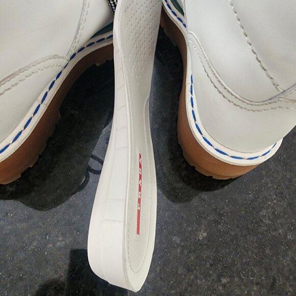 Prada White / Emerald Green Colorblock Leather Lace-Up Hiking Boots - Picture 15 of 16